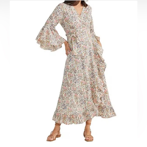 TALISMAN Vintage Lotus Floral Print Ruffle Detail Carly Wrap Dress Size Large - Picture 3 of 16